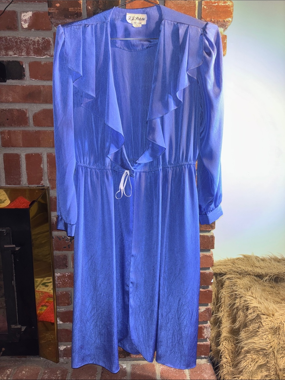 Vintage House Coat Dress Ruffle-Front Long Sleeve Cover w/ Shoulder Pads Size 8